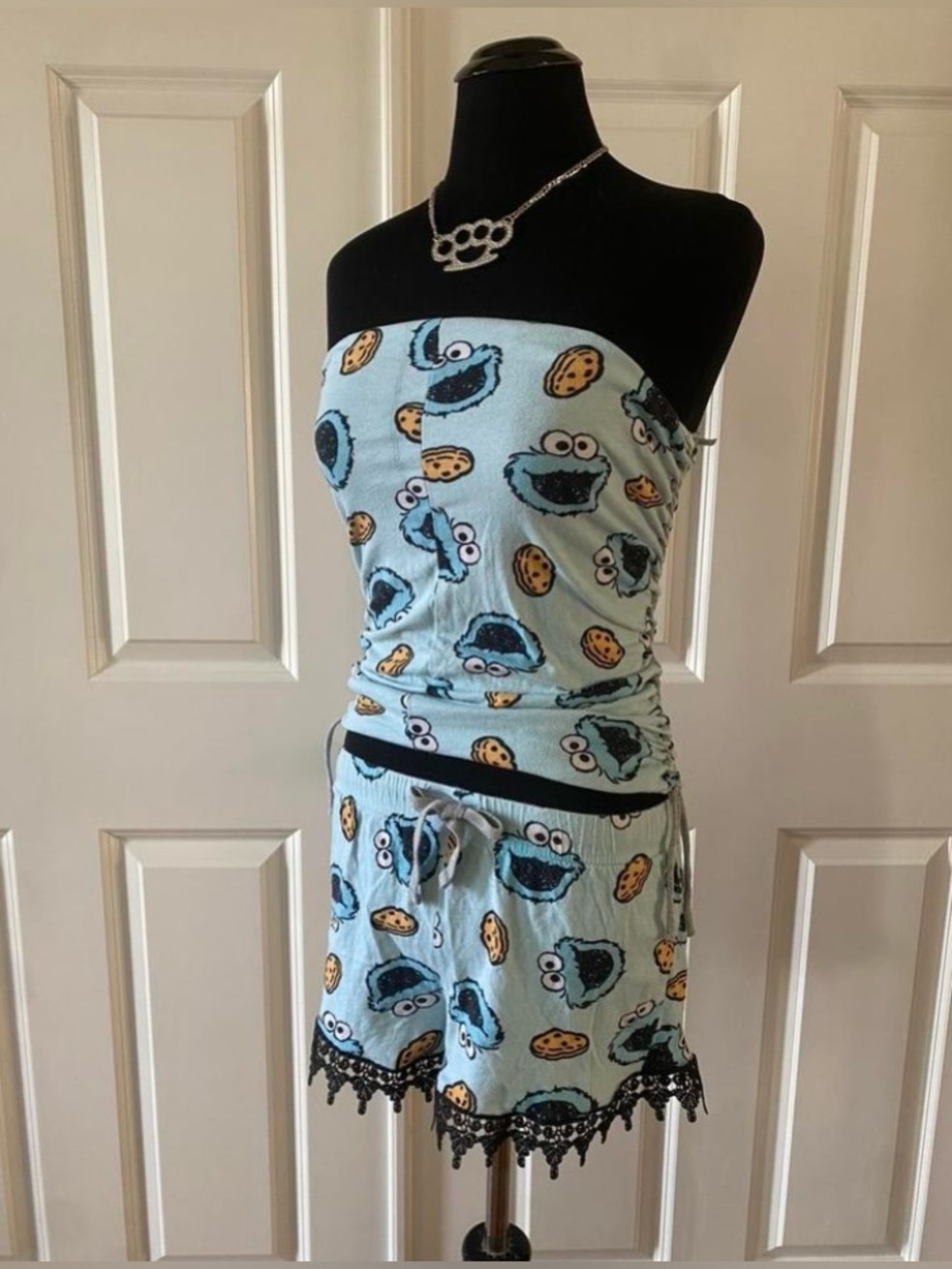Upcycled Cookie Monster Tube Top & Shorts with Lace Trim Matching Set